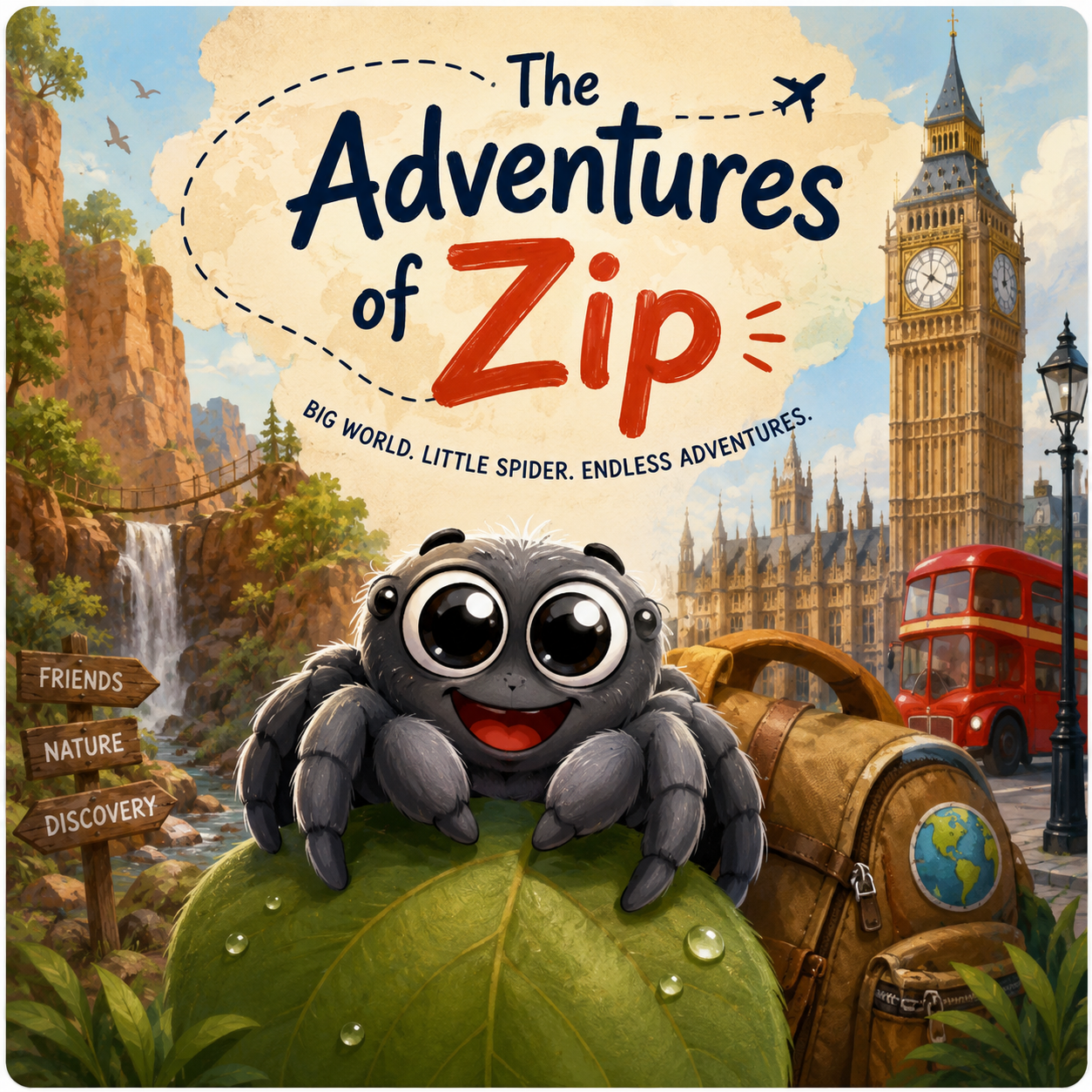 Cover of The Adventures of Zip, showing Zip the jumping spider on a leaf between a jungle waterfall and London landmarks