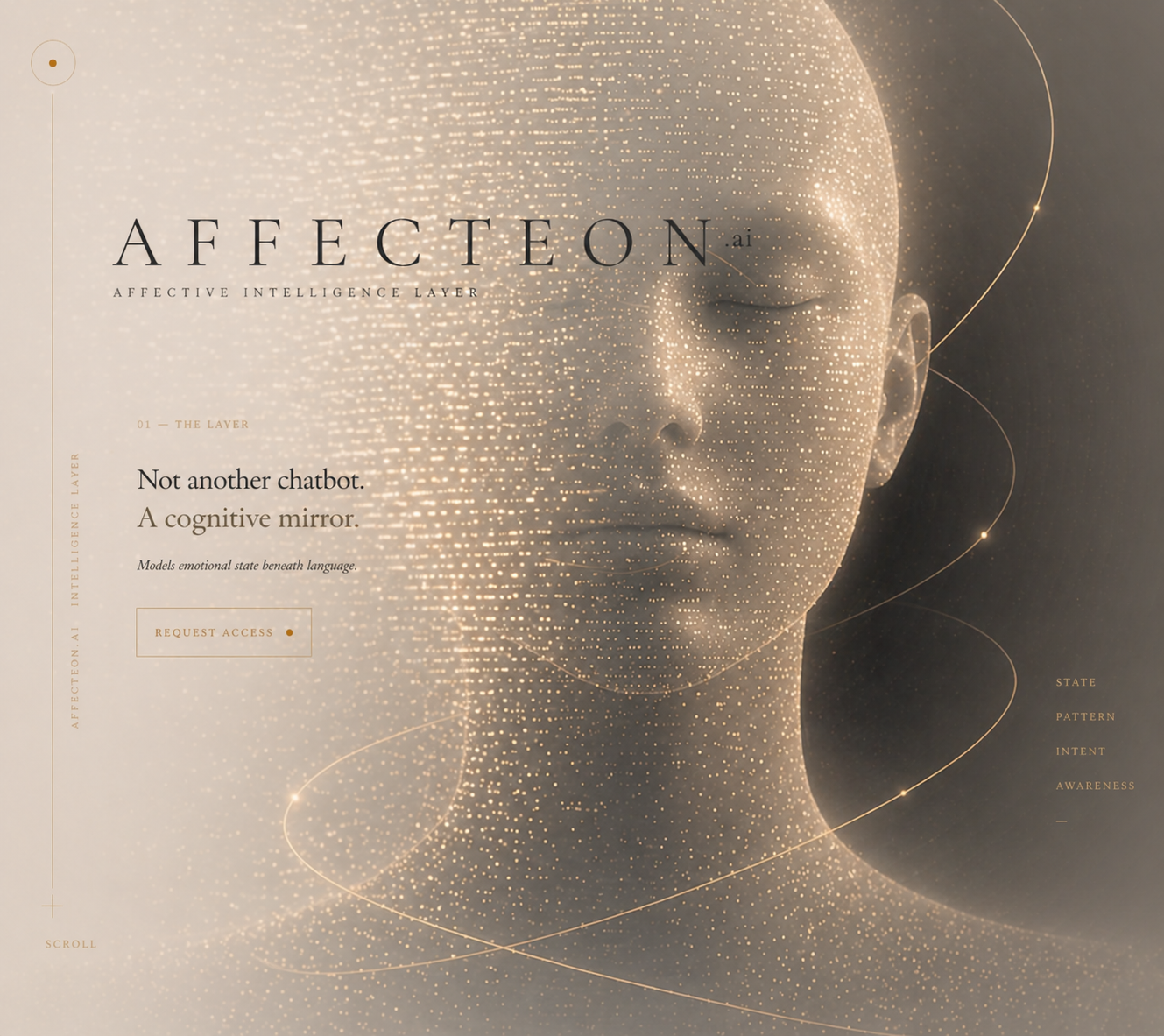 Affecteon.ai, the affective intelligence layer, shown as a face formed from points of light with the line Not another chatbot, a cognitive mirror