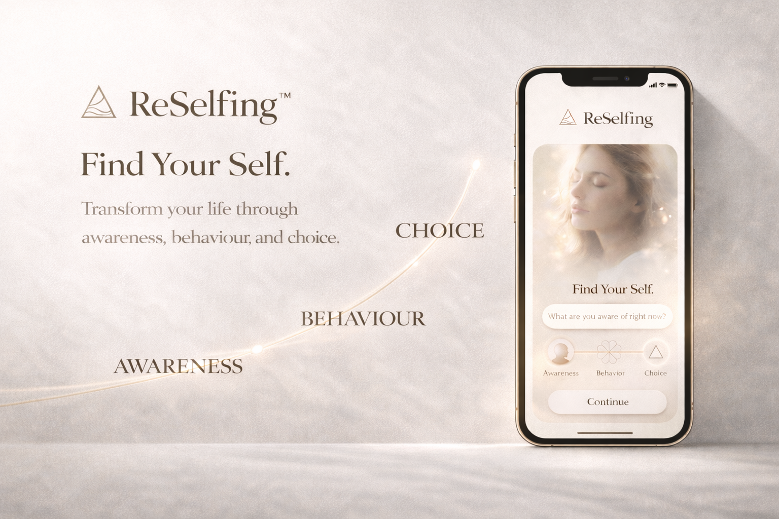 The ReSelfing app shown on a phone, with the prompt What are you aware of right now and steps for awareness, behaviour and choice